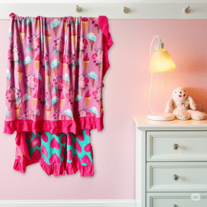 Reversible bamboo blanket showing ice cream floral print and pink hearts print with ruffle border