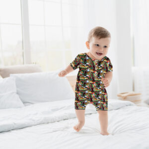 Boys bamboo romper with hamburger and fast food print, button front and short sleeves